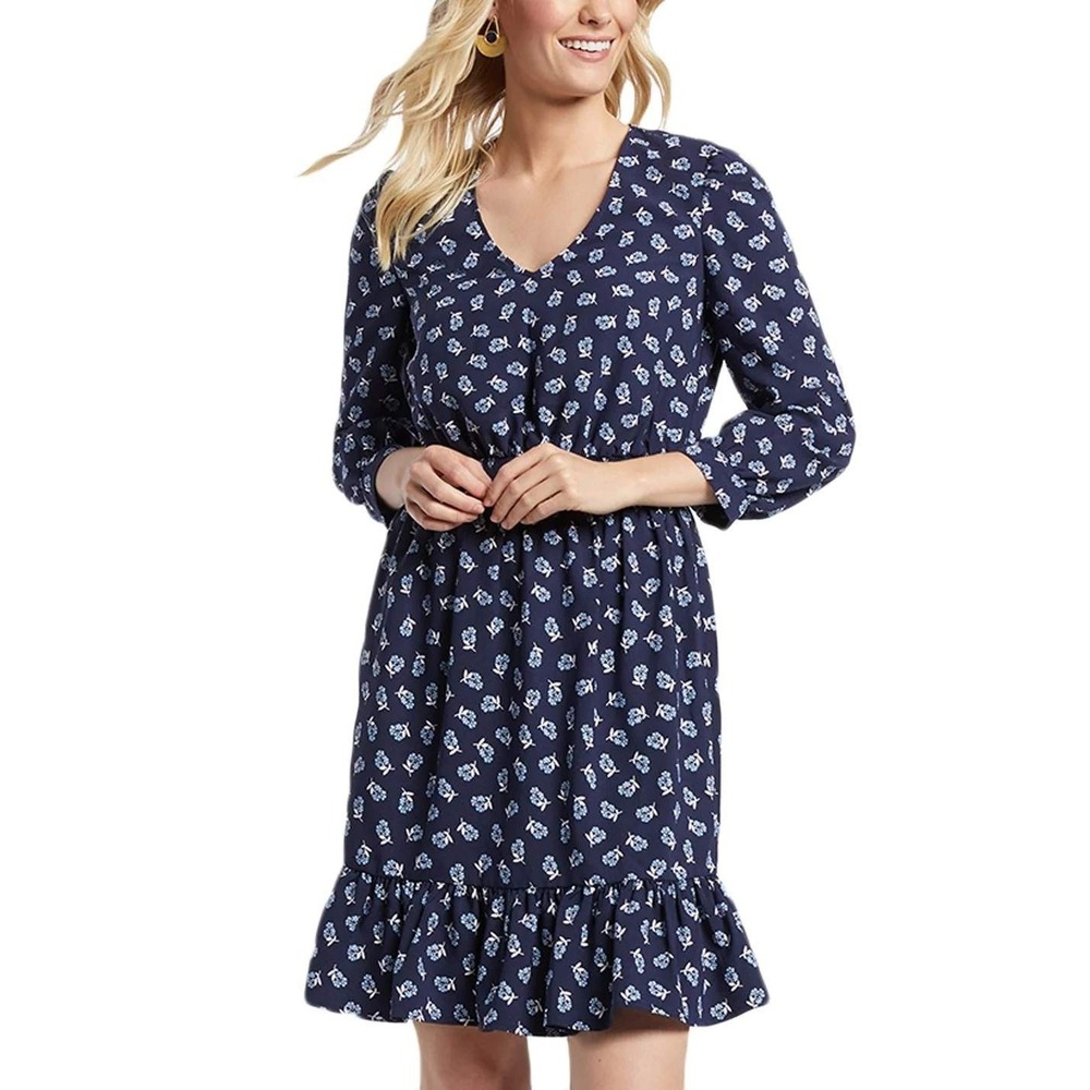 Draper James Floral Peasant Dress Women's Large Navy‎ Preppy Feminine Dainty
